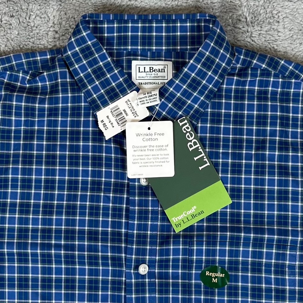 LL Bean Mens Bering Blue Plaid Wrinkle Free Cotton Shirt M Reg 288292
